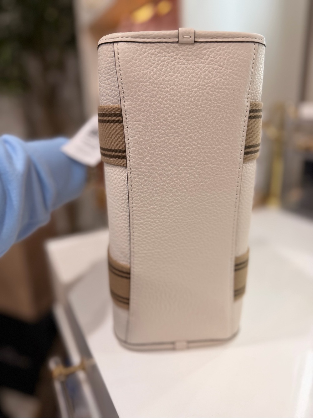 Coach Chalk and Tan Logo-Striped Pebble Leather Tote - Picture 4 of 6